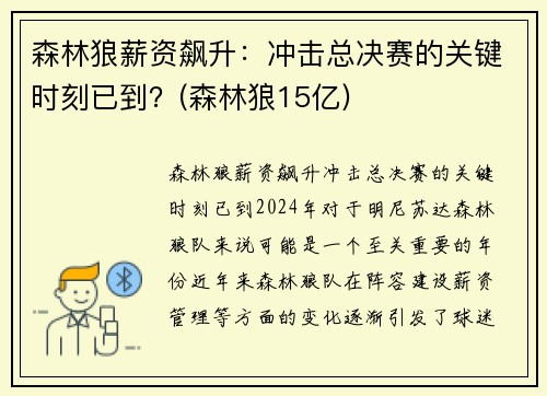 森林狼薪资飙升：冲击总决赛的关键时刻已到？(森林狼15亿)