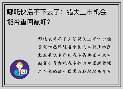 哪吒快活不下去了：错失上市机会，能否重回巅峰？