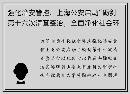 强化治安管控，上海公安启动“砺剑第十六次清查整治，全面净化社会环境