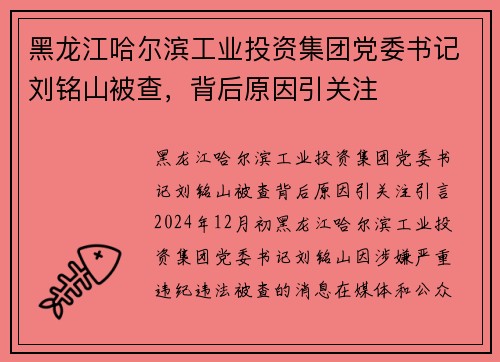 黑龙江哈尔滨工业投资集团党委书记刘铭山被查，背后原因引关注